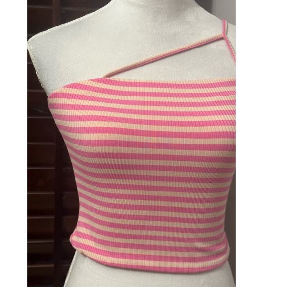 AFRM Women's Bandeau Tank Top Pink Tan Striped One Shoulder Adjustable M NWOT - Picture 4 of 9
